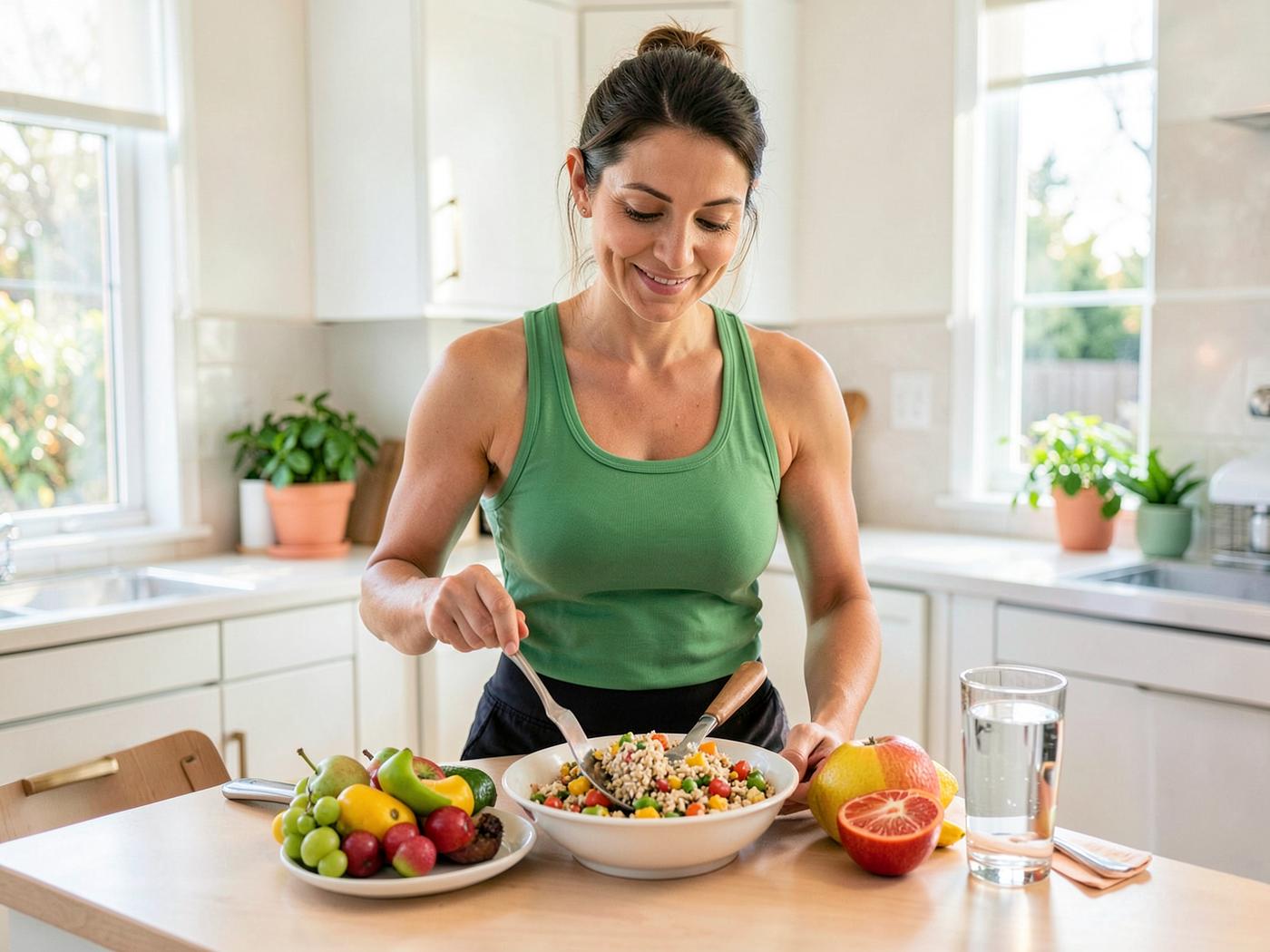 Woman preparing a balanced meal as part of a healthy daily routine
